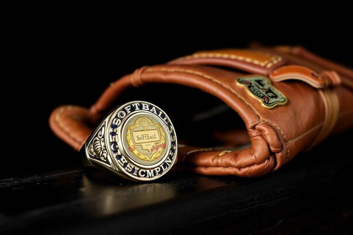 Championship ring resting on a softball glove